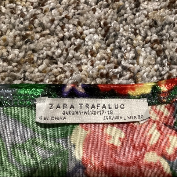 Zara Velvet Dress Women Stretch Midi Size L Floral Green Colorful Fall Party - Picture 7 of 9